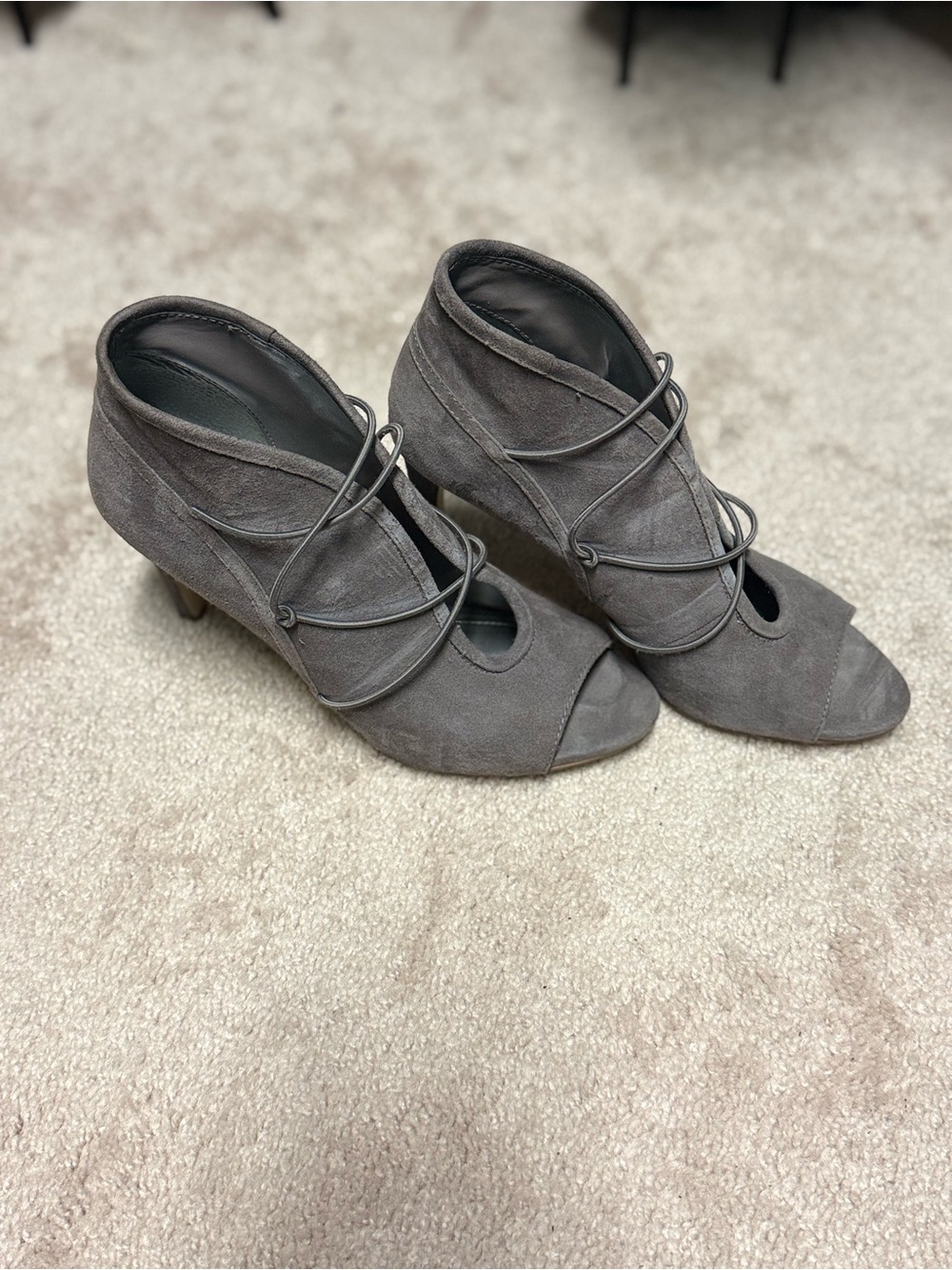 BCBGeneration Charcoal Gray Suede Peep-Toe Lace-Up Heels